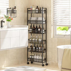 ThreeHio 6 Tier Slim Storage Cart, Narrow Cart with Wheels, Metal Mobile Shelving Unit Organizer for Kitchen, Bathroom, Laundry Room, Living Room & Narrow Spaces, Black, 6in(W)