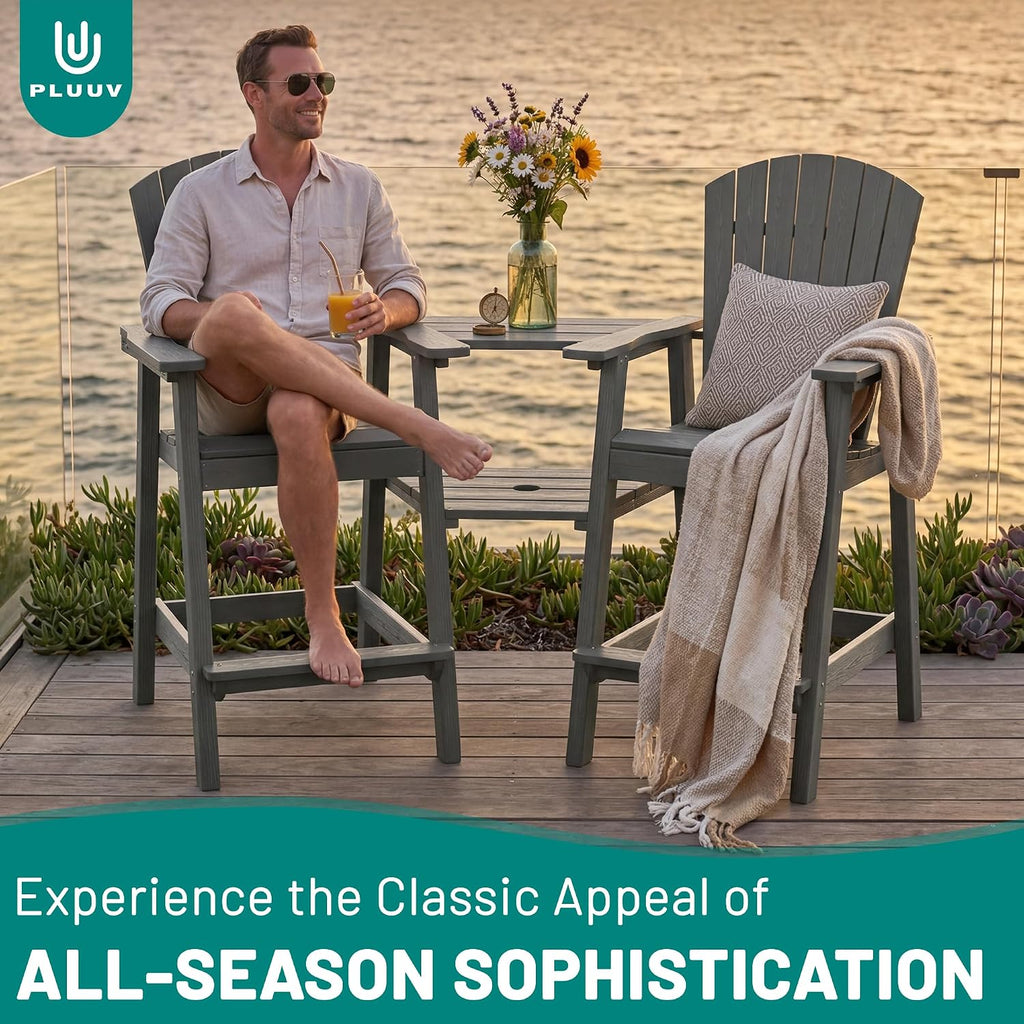 PLUUV Tall Adirondack Chairs Set of 2 with Double Connecting Trays, All Weather HDPE Bar Height Outdoor Chairs, Outdoor Adirondack Barstools with Umbrella Hole for Balcony, Patio, Backyard, Grey