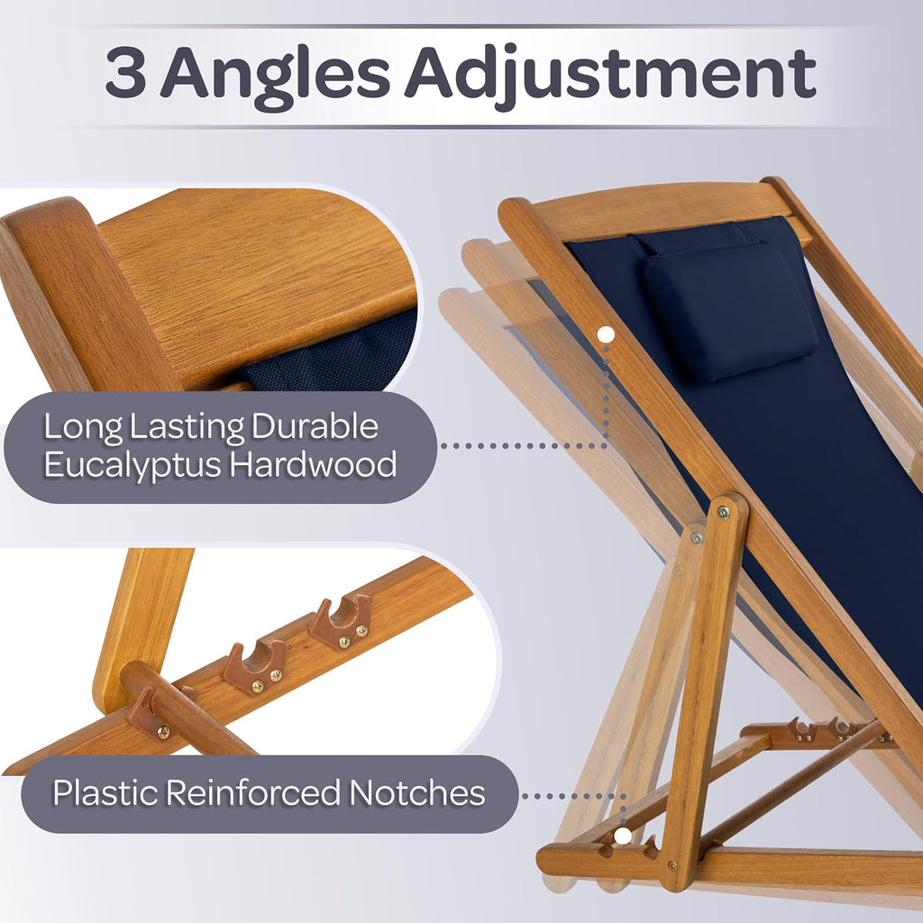 Beach Lounge Chair - Adjustable Height Reclining Sling Chair - Portable Wood Folding Chairs - Folding Lounge Chairs for Outside, Patio, Balcony, or Camping - Outdoor Furniture by Lavish Home (Blue)