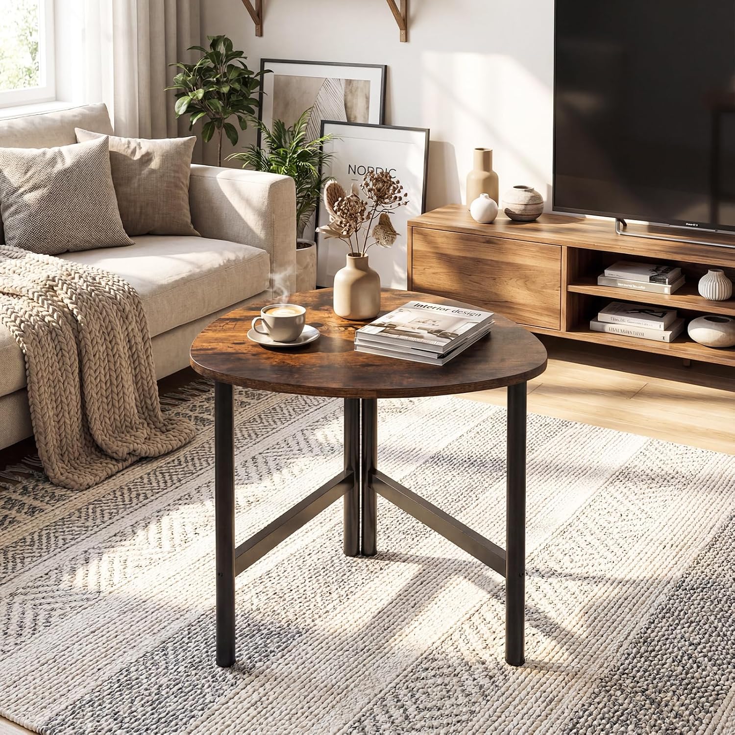 GOFLAME Triangular End Table, Modern Sofa Couch Side Table with Wood Faux Marble Top & Metal Legs, Small Coffee Tables for Small Spaces, Living Room, Nightstand for Bedroom (Rustic Brown & Black,1)