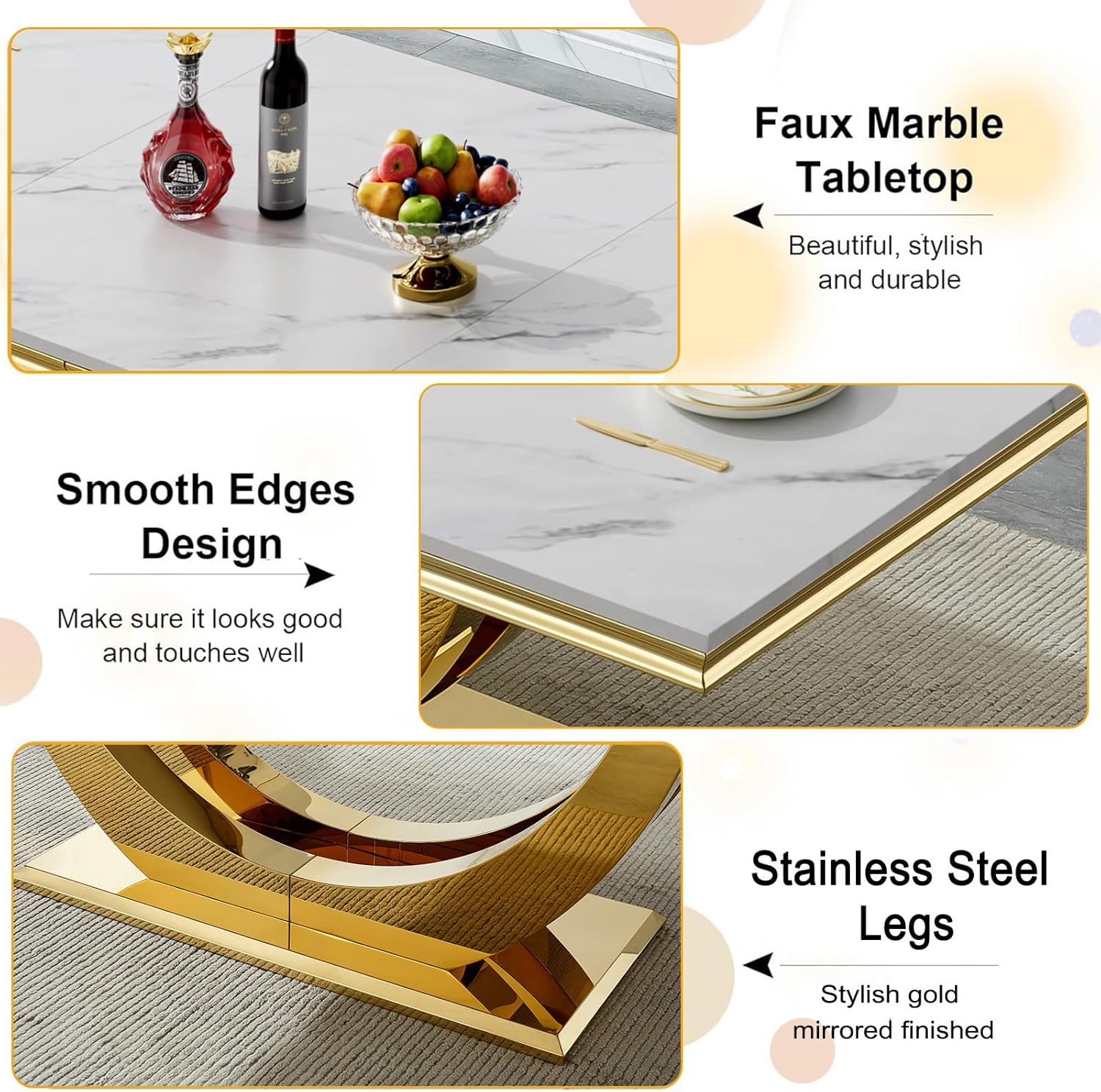 94 in Luxury Faux Marble Dining Table for 6 8 10 People, White Faux Marble Dining Table with Gold U Shaped Stainless Steel Base, Large Rectangular Modern Kitchen Dining Room Table for Family Gathering