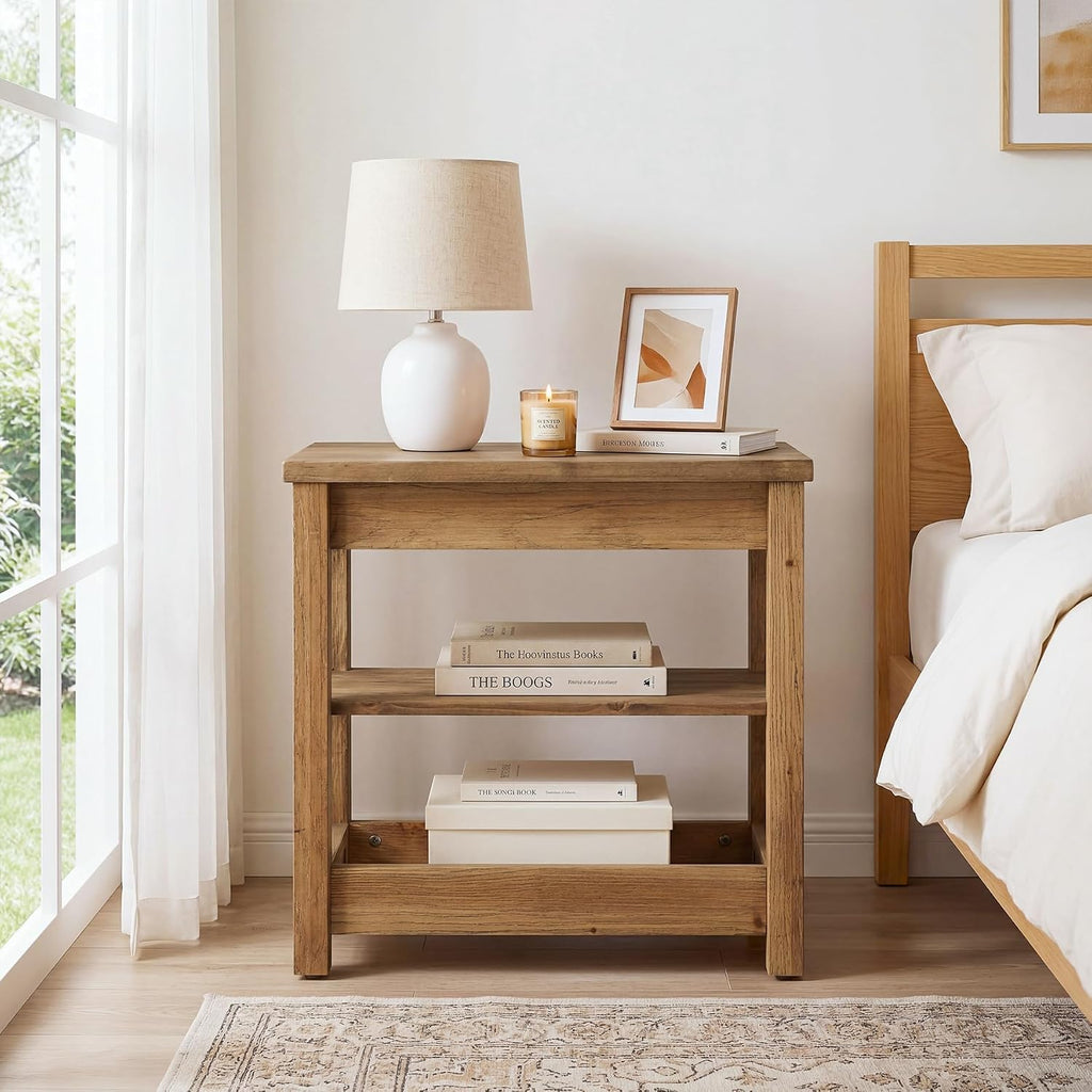 Solid Wood End Table, Farmhouse Narrow Sofa Side Table with 3-Tier Storage Shelf, Small Rectangular Nightstand for Living Room, Bedroom, Small Space, Space-Saving, Brown
