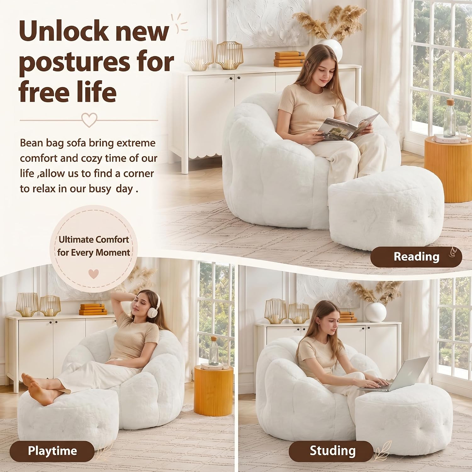Mofolit 46" Oversized Flower Bean Bag Chair with Ottoman for Adults,Large Cozy Beanbag Chair with Artificial Rabbit Fur Fabric,Boneless Sofa for Living Room,Reading Room and Apartment.(Cream)