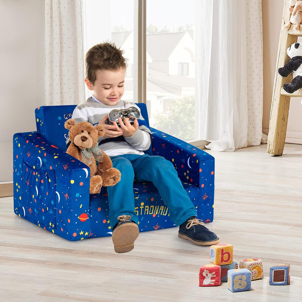 Costzon Kids Couch, 2 in 1 Flip Open Children's Sofa w/Velvet Fabric, Storage Pockets, Toddler Armrest Chair Bed for Nap Play Sleep, Ideal Gift for 0-4 Years Old Baby Boys Girls, Blue Space