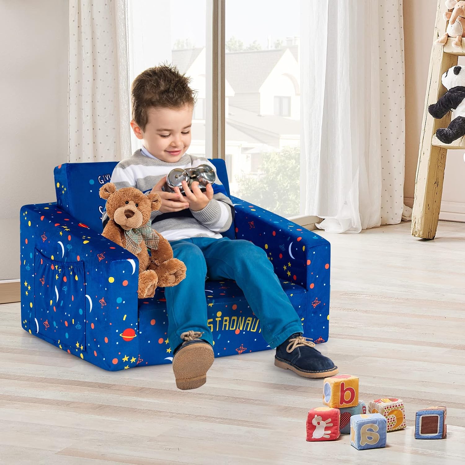 Costzon Kids Couch, 2 in 1 Flip Open Children's Sofa w/Velvet Fabric, Storage Pockets, Toddler Armrest Chair Bed for Nap Play Sleep, Ideal Gift for 0-4 Years Old Baby Boys Girls, Blue Space