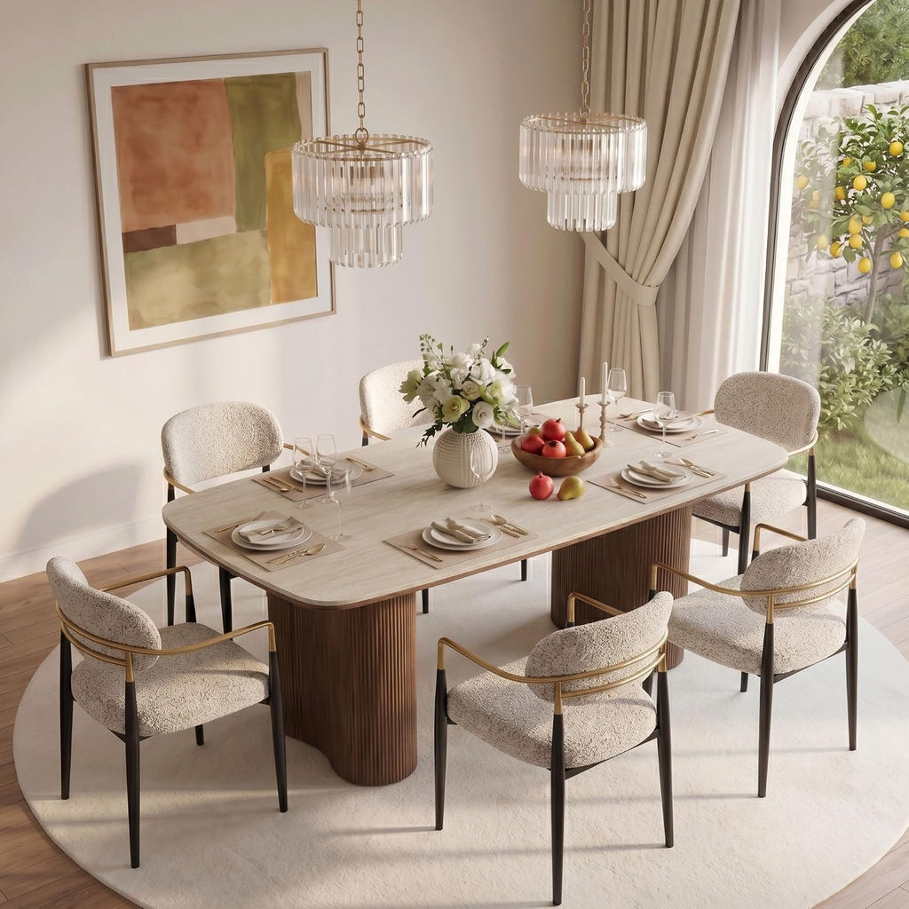 Honyee Sintered Stone Dining Table for 6–8, 78.7" Rectangular Kitchen Table, Real Travertine Top, Rounded Corners, Walnut Pedestal Base, Large Modern Dining Room Table