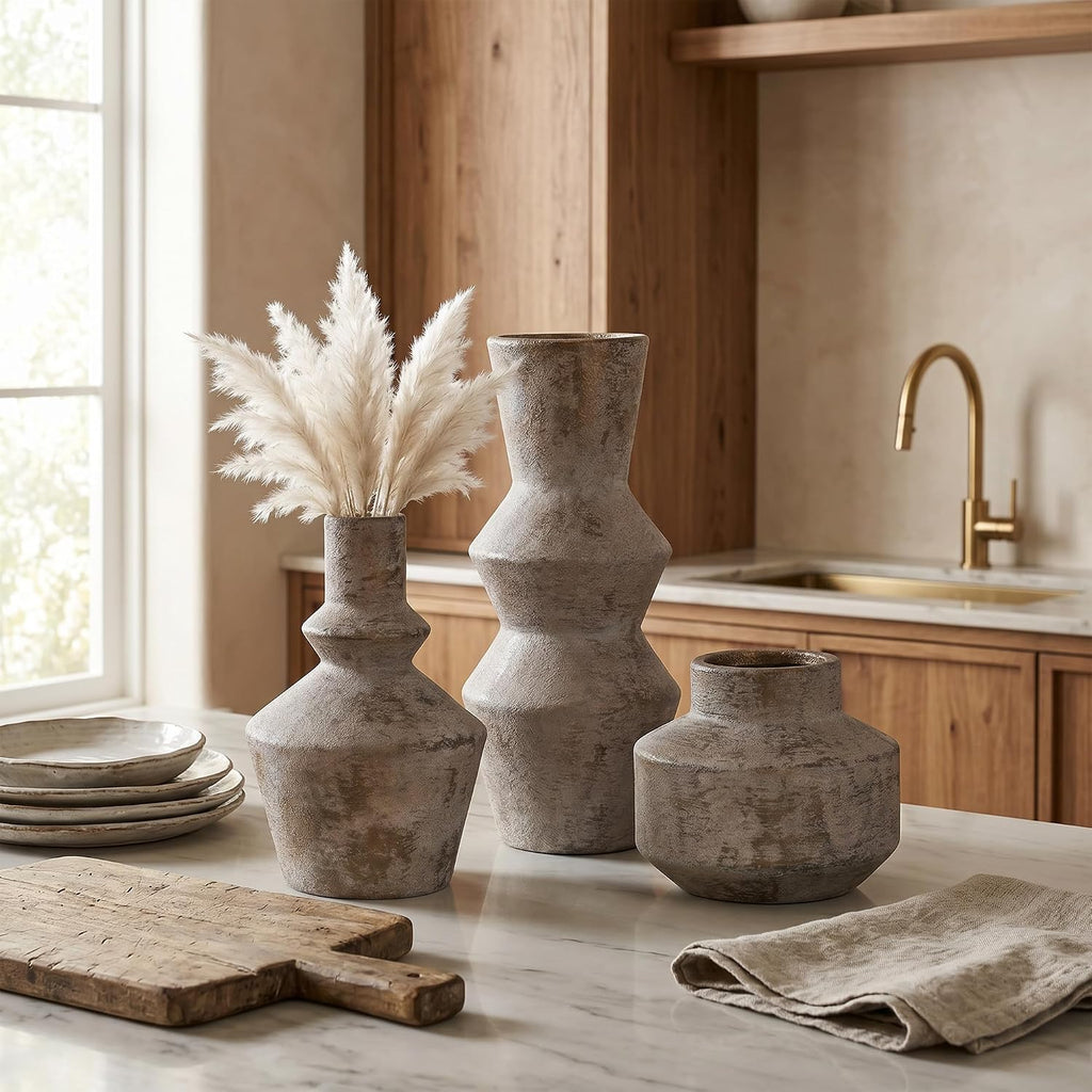 DREAMLOOM Ceramic Vase Set of 3, Modern Rustic Flower Vases for Pampas Grass, Dried & Fresh Flowers, Farmhouse Home Decor Vase for Living Room Bedroom Kitchen Shelf Centerpiece, Classic