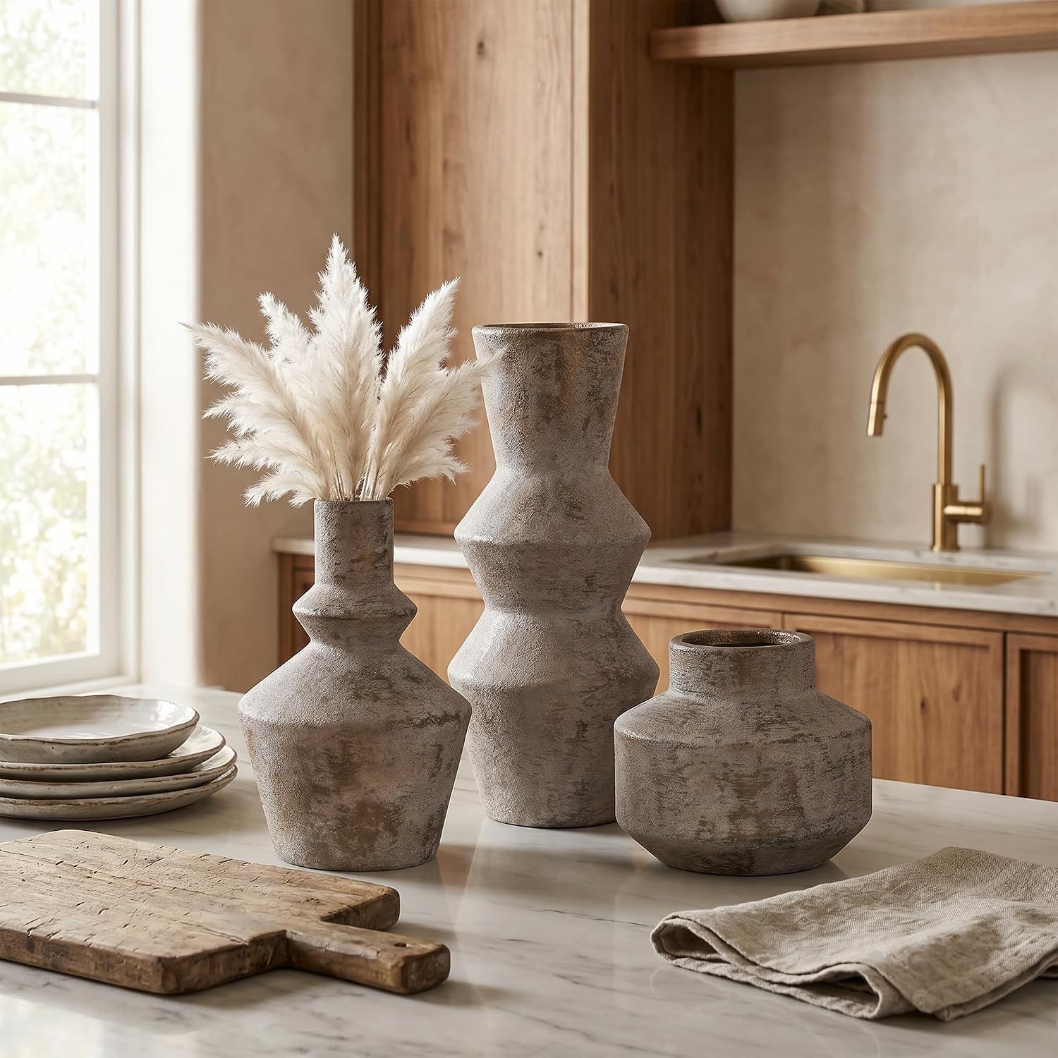 DREAMLOOM Ceramic Vase Set of 3, Modern Rustic Flower Vases for Pampas Grass, Dried & Fresh Flowers, Farmhouse Home Decor Vase for Living Room Bedroom Kitchen Shelf Centerpiece, Classic
