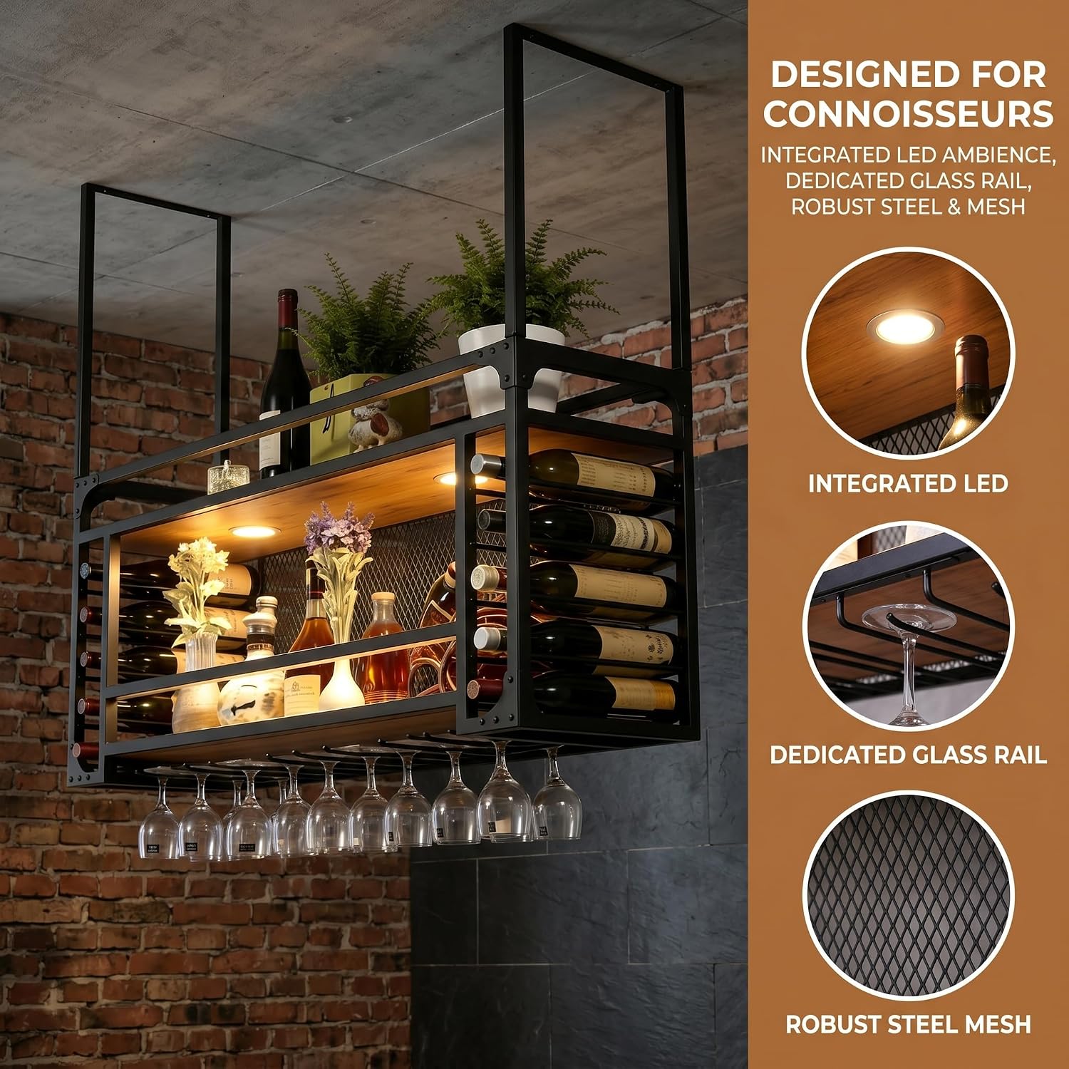Wall Mounted Wine Rack with LED Light, Hanging Wine Bottle Holder Ceiling, 2-Layer Liquor Bottle and Glass Holder Display Storage,for Home Kitchen Din ing Room Living Room (55.11in/140cm)