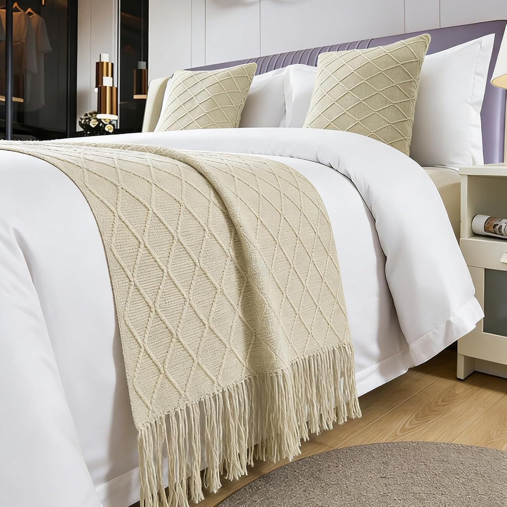 Geometry Bed Runners for King & Queen SizeBed Solid Beige Bed Scarf with Tassel Boho Knit BedRunner Scarves Decorative for Bedroom Home Hotel (102 x 24 Inches, 1 Piece)