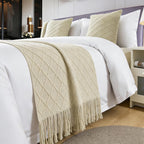 Geometry Bed Runners for King & Queen SizeBed Solid Beige Bed Scarf with Tassel Boho Knit BedRunner Scarves Decorative for Bedroom Home Hotel (102 x 24 Inches, 1 Piece)