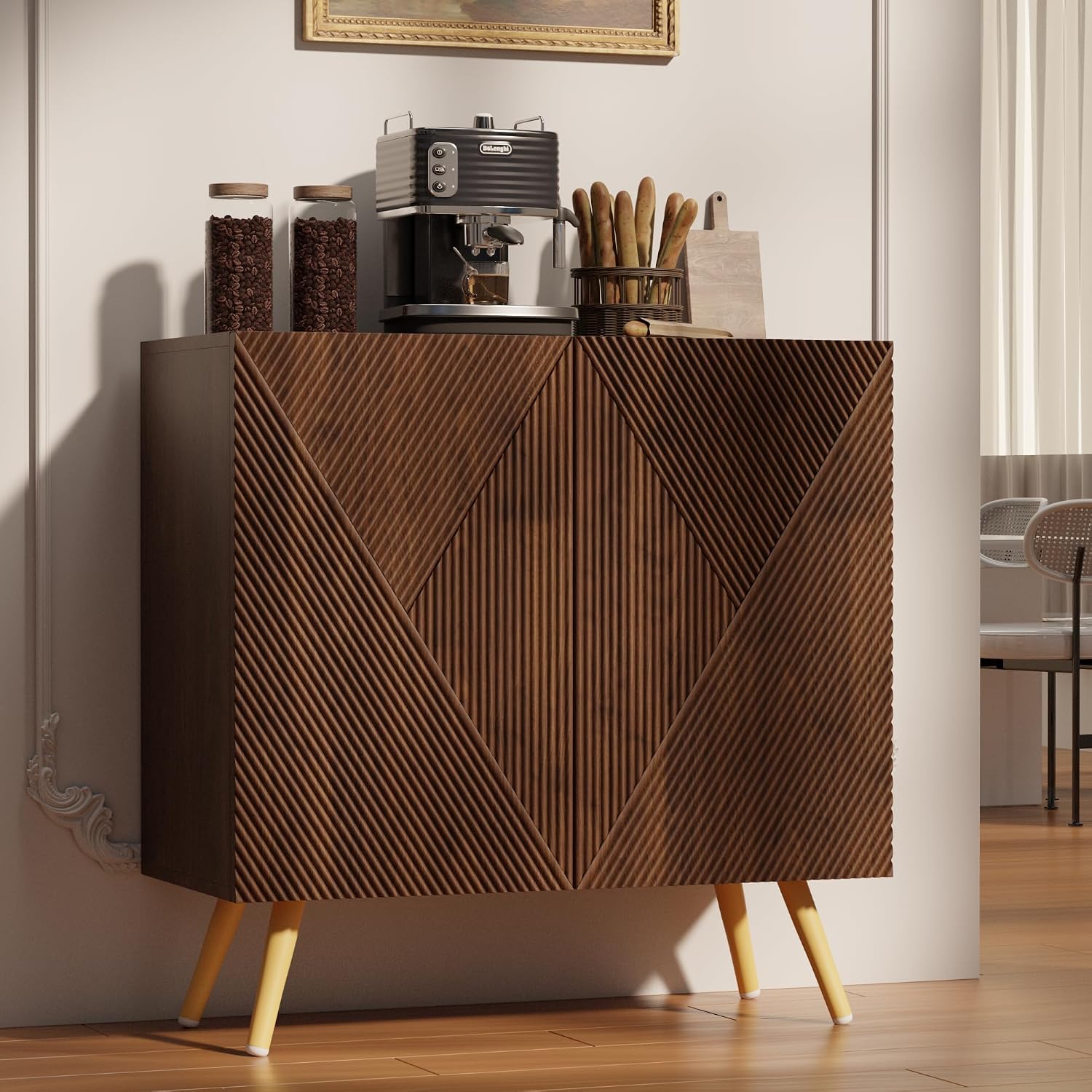 DHZ Fluted Sideboard Buffet Cabinet, 30” Wood Storage Credenza with Adjustable Shelf, Freestanding Accent Cabinet, Space-Saving Console Coffee Bar Cabinet for Living Room, Kitchen