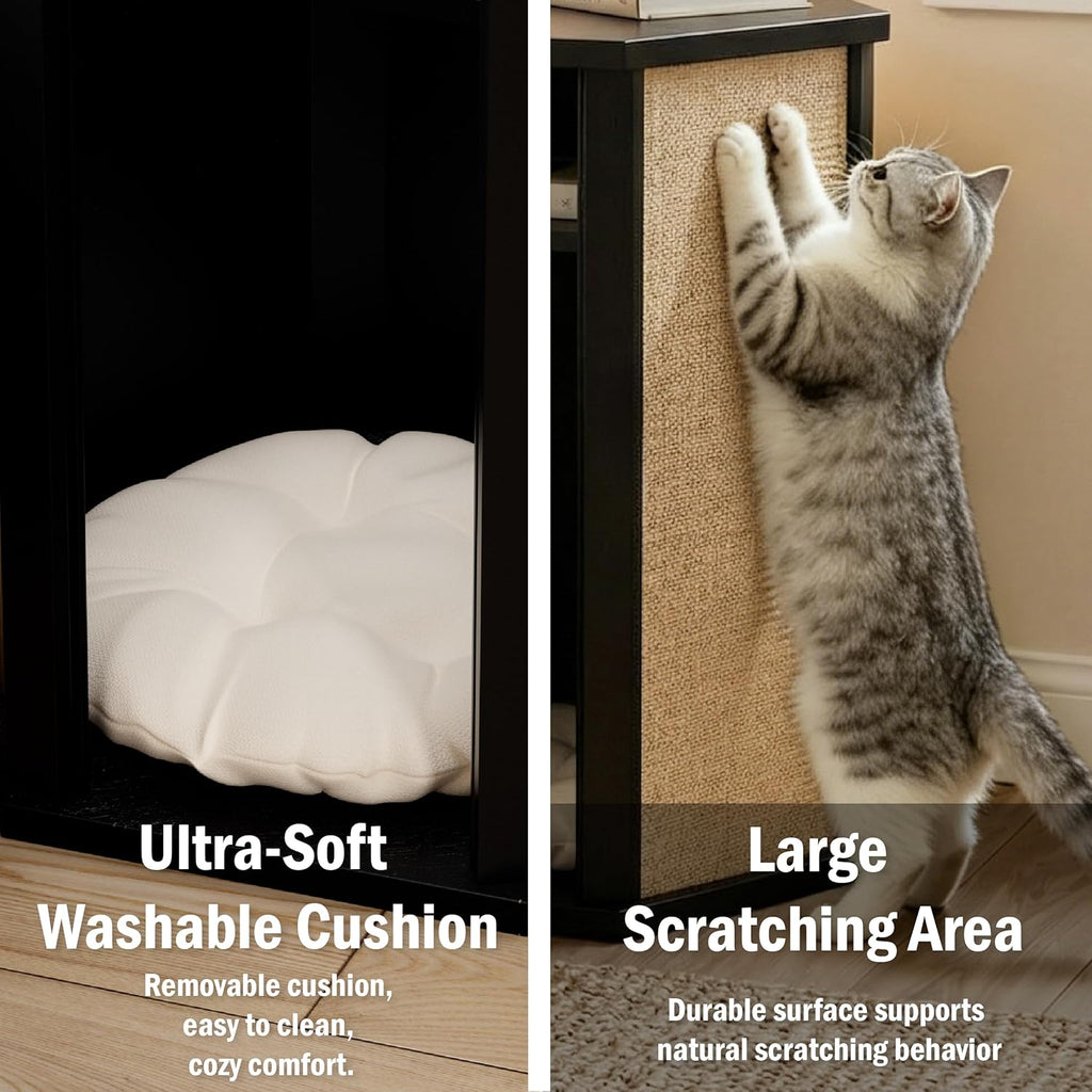 COZAYH Modern Cat House End Table with Sisal Scratching Panels, Hidden Cat Bed Side Table with Removable Washable Cushion, Pine Wood, Cat Condo Nightstand, Easy to Clean, Multifunctional, Black
