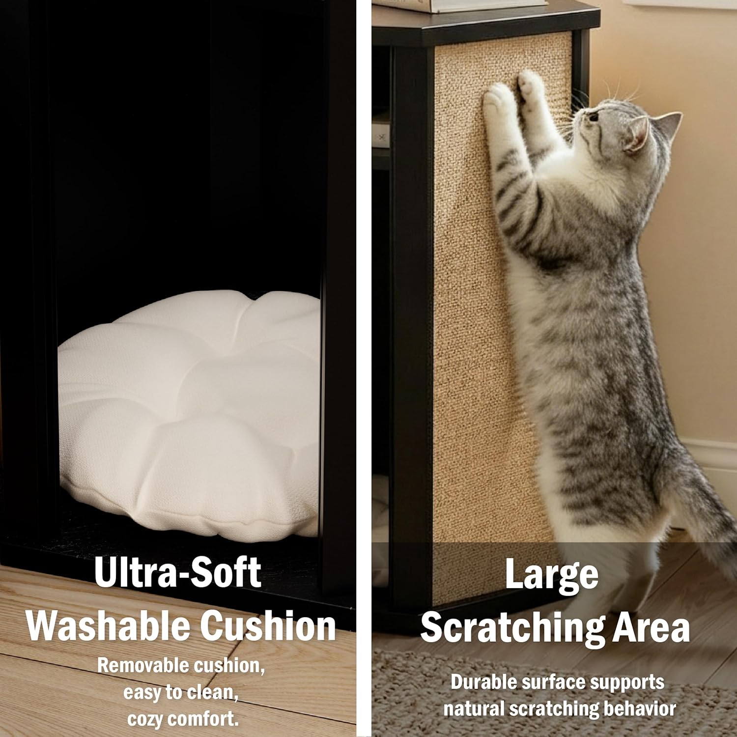 COZAYH Modern Cat House End Table with Sisal Scratching Panels, Hidden Cat Bed Side Table with Removable Washable Cushion, Pine Wood, Cat Condo Nightstand, Easy to Clean, Multifunctional, Black