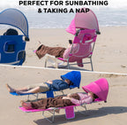 Romswi 1PK Folding Tanning Beach Chair with Face Hole & Canopy Shade, 5-Position Reclining Sun Lounger, Portable Face Down Tanning Chair with Arm Holes & Side Pocket for Beach, Pool & Patio, Neon Pink