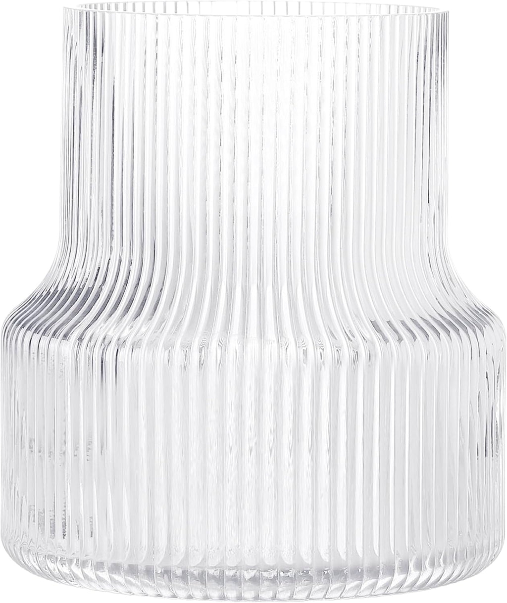 Glass Vase - Fluted, Ribbed, Decorative for Centerpieces, Modern for Living Room, Table, Entryway, Desk, Shelf, Wedding, Office - 7.5 Inches