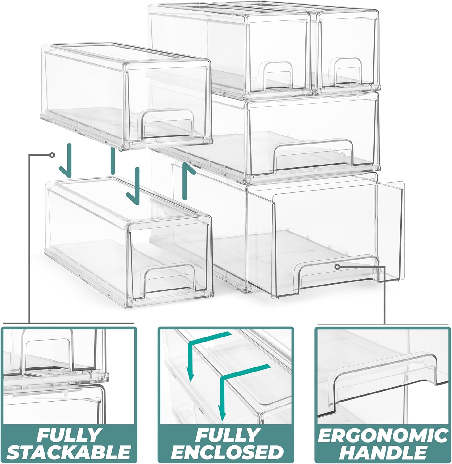 Sorbus Small Clear Stackable Drawers, Plastic Storage with Handles - Craft, Clothes, Medicine, Makeup, Closet, Art Supply, Bathroom, Shoe, Toy Organizer (2 Pack Wide)