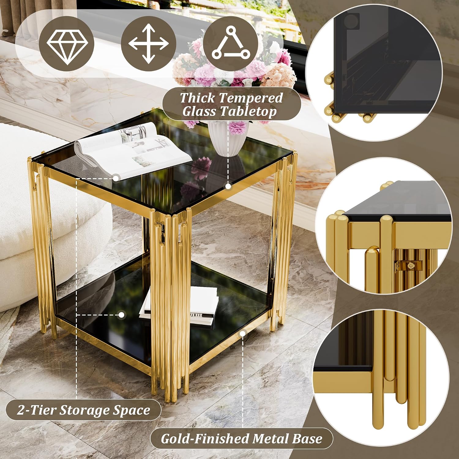 Black Mirror End Table for Living Room, Square,Asymmetrical Metal, Gold Lower Shelf, 19.9"