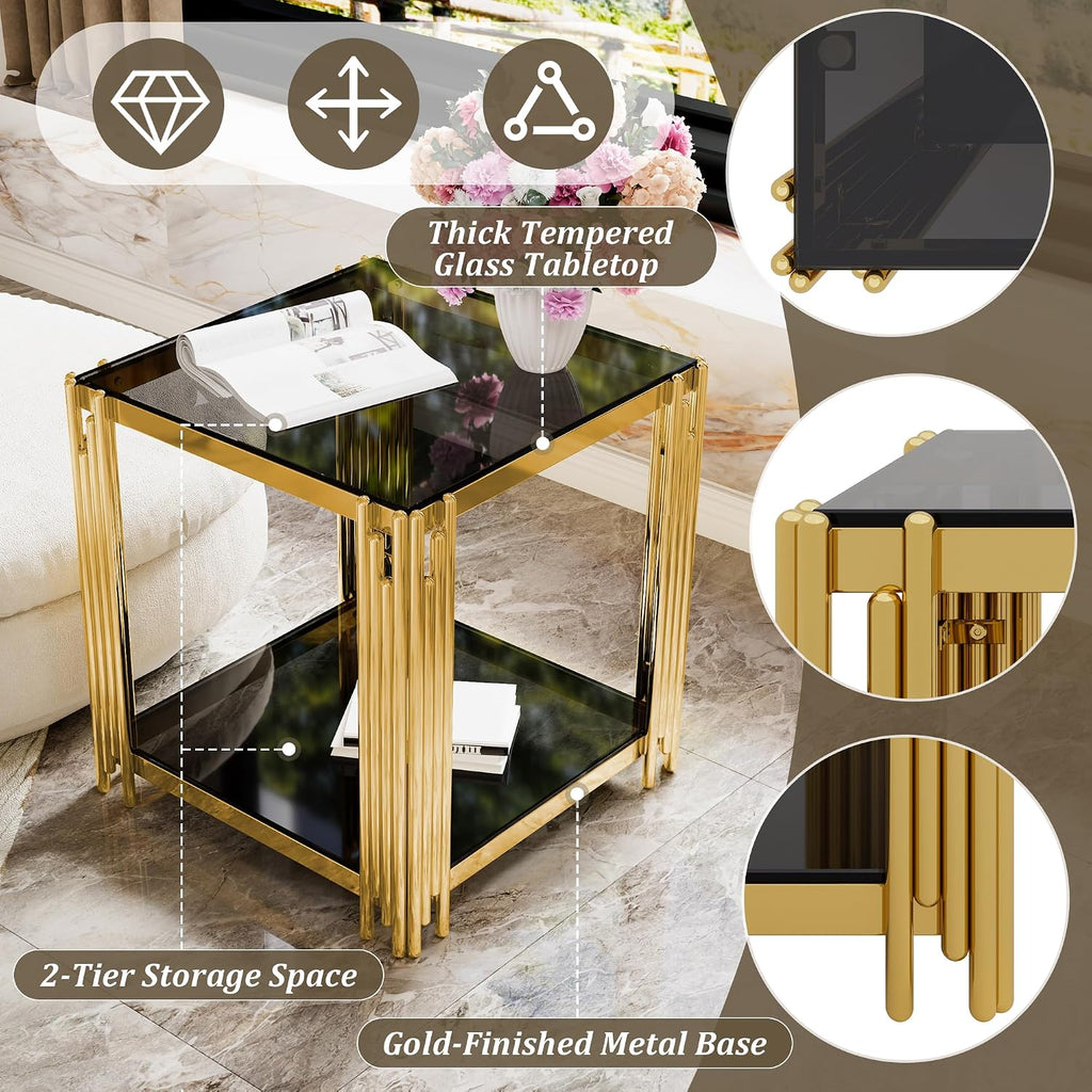 19.9" Square End Table for Living Room, Modern Luxury Side Table with Lower Shelf and Stainless Steel Irregular Leg for Small Space Home Office, Black