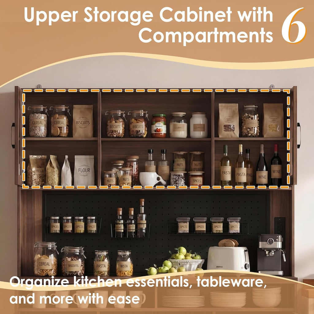 Kitchen Pantry Storage Cabinet with Charging Station, Kitchen Hutch Storage with LED Lights & Pegboard, Freestanding Pantry Cabinet with Adjustable Shelves, Wine Rack for Dining Room (Brown)