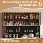 Kitchen Pantry Storage Cabinet with Charging Station, Kitchen Hutch Storage with LED Lights & Pegboard, Freestanding Pantry Cabinet with Adjustable Shelves, Wine Rack for Dining Room (Brown)