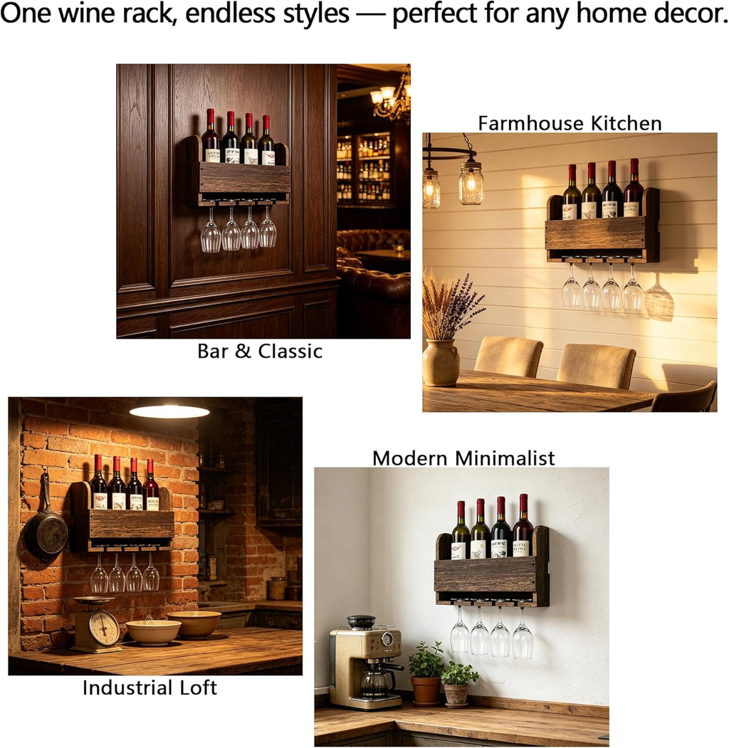 Wall Mounted Wooden Wine Rack with Glass Hanger | Wine Bottle Storage Shelf, Rustic Wall Wine Holder for Home Bar, Kitchen, Dining Room Farmhouse Decoration