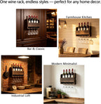Wall Mounted Wooden Wine Rack with Glass Hanger | Wine Bottle Storage Shelf, Rustic Wall Wine Holder for Home Bar, Kitchen, Dining Room Farmhouse Decoration