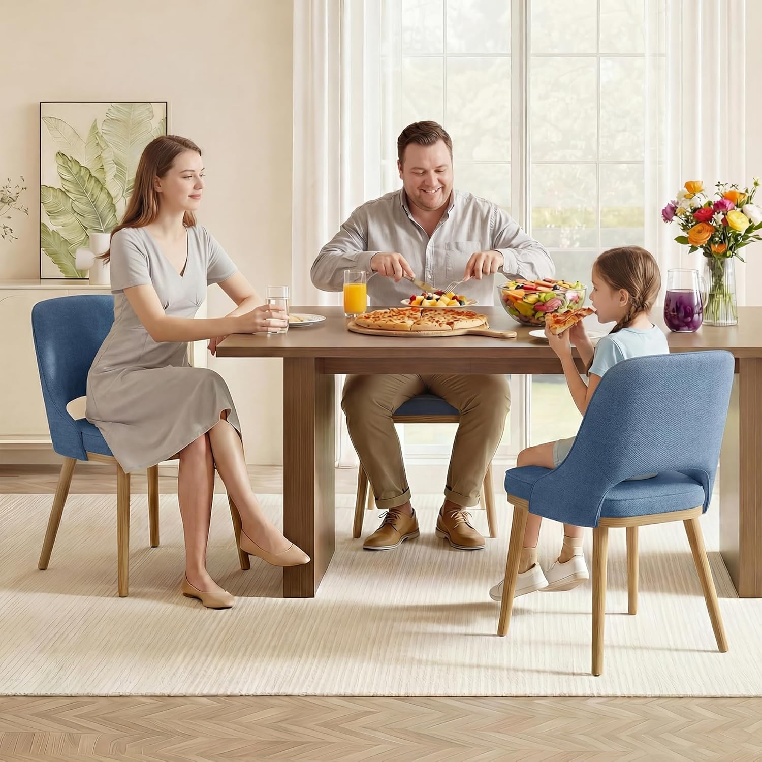 MALOL Wooden Dining Chairs Set of 2, Modern Fabric Upholstered Dining Room Chair, Kitchen Side Chairs, Farmhouse Armless Dinner Chair with Open Back for Kitchen, Blue
