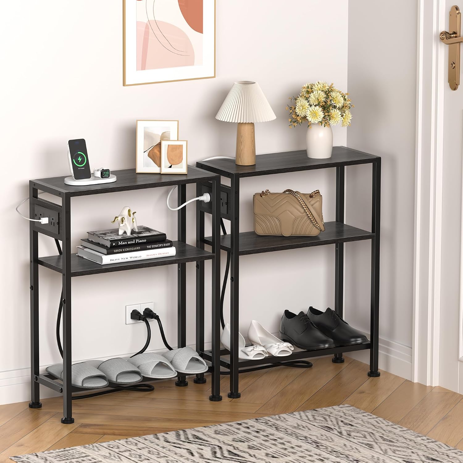 Small Narrow Side Table with Charging Station, Skinny End Table for Small Spaces, Slim Nightstand with Outlets, Sofa Bedside Table in Living Room, Bedroom, Study, Kitchen and Balcony(Grey)