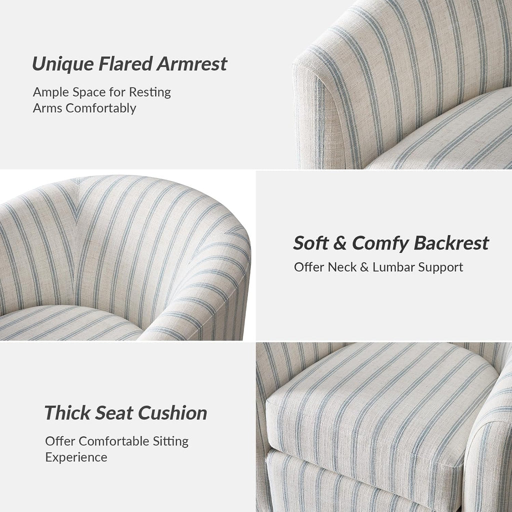 HULALA HOME Modern Swivel Accent Chair with Solid Wood Base, Round Swivel Barrel Chair with Striped Pattern, No Assembly Required, Blue