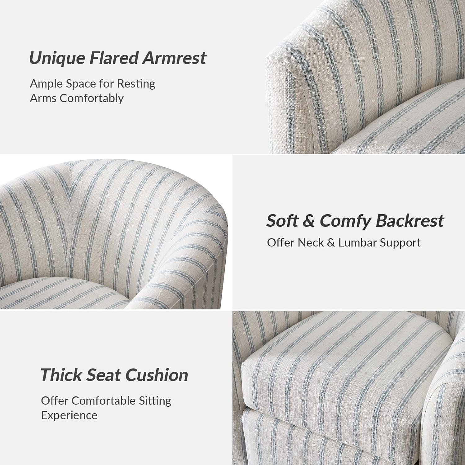 HULALA HOME Modern Swivel Accent Chair with Solid Wood Base, Round Swivel Barrel Chair with Striped Pattern, No Assembly Required, Blue