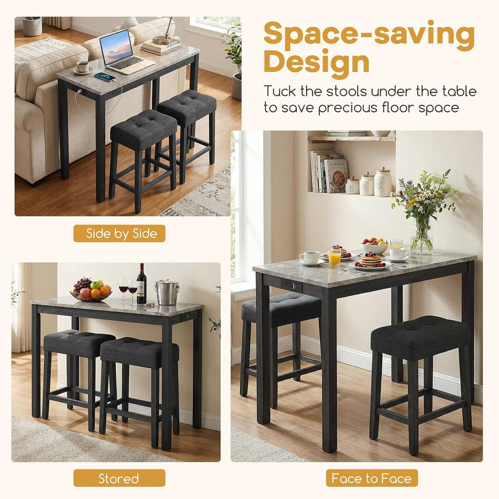 COSTWAY 3-Piece Bar Table Set with Charging Station, Modern Counter Height Breakfast Table w/Faux Marble Top & 2 Padded Stools, Wooden Console Table Set for Living Room, Kitchen, Dining Room (Gray)