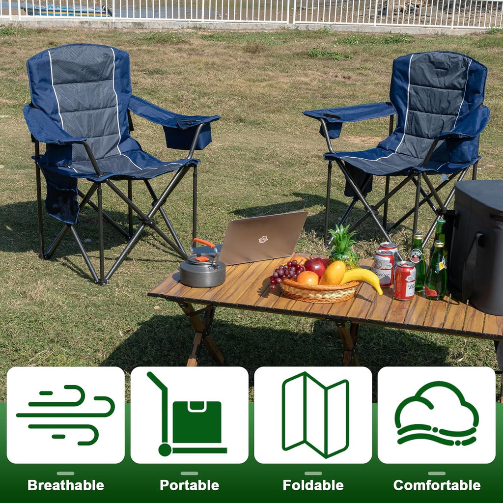 Oversized Padded High Back Camping Chairs,2 Pcs Heavy Duty Folding Chairs Support 500LBS with Cooler Bag,Cup Holder Cooler Bag, Collapsible Chairs for Outdoor, Tailgate, Fishing, Blue