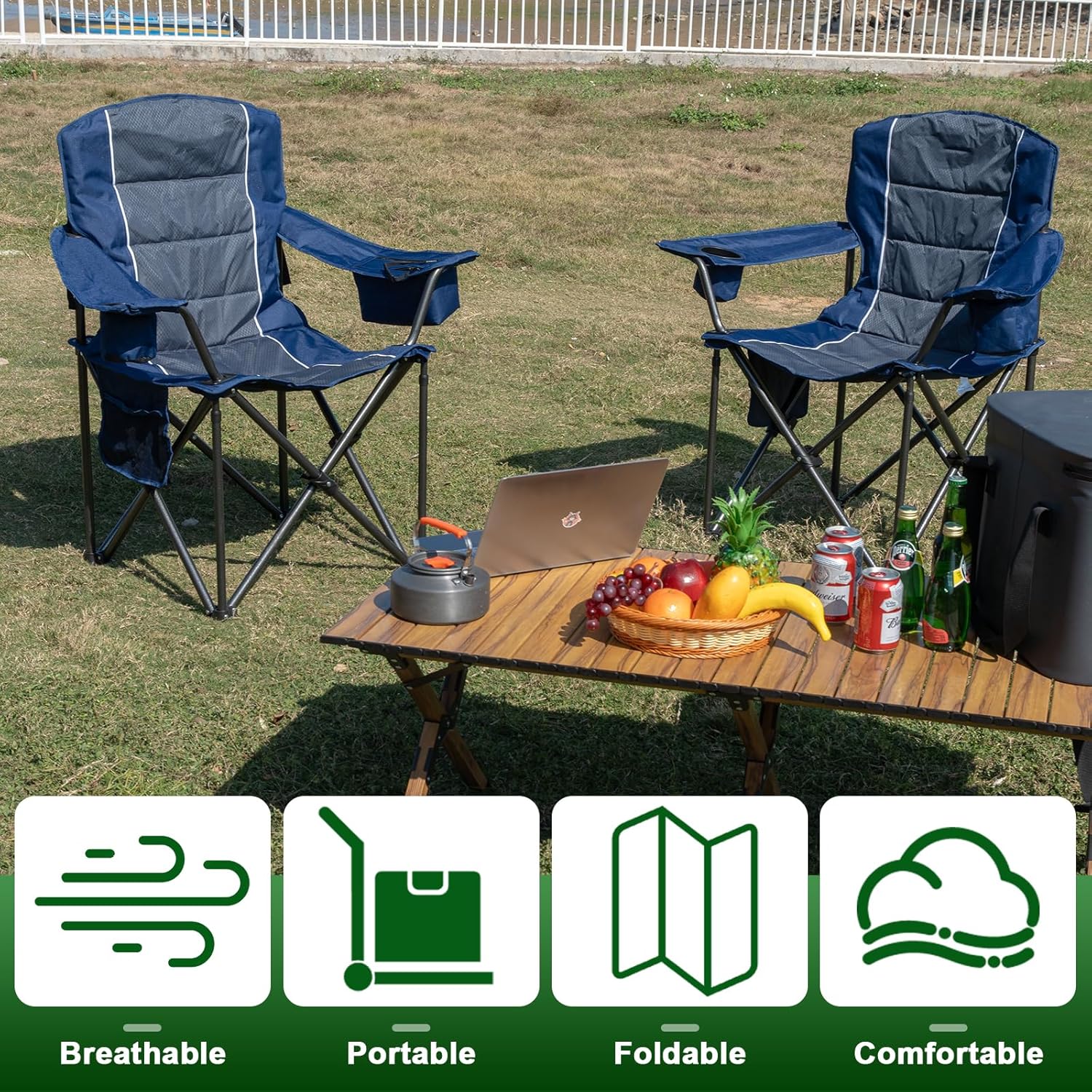 Oversized Padded High Back Camping Chairs,2 Pcs Heavy Duty Folding Chairs Support 500LBS with Cooler Bag,Cup Holder Cooler Bag, Collapsible Chairs for Outdoor, Tailgate, Fishing, Blue