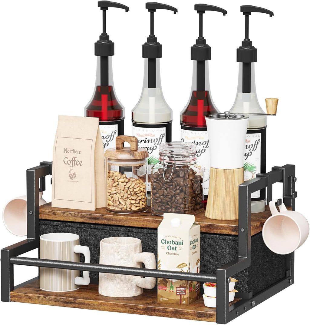 Homeiju Coffee Syrup Organizer Rack, 2-Tier Coffee Bar Accessories, Bottle Holder Stand with K Cup Storage Drawer for Coffee bar, Wine Rack, Storage Shelves for Syrup. (Rustic Brown)