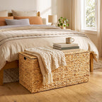 Wonderjune 42 x 20 x 18.5'' Water Hyacinth Wicker Storage Trunk with Metal Frame, Heavy Duty Storage Chest with Lid Large Rattan Basket for Blankets, Seasonal Clothes, Extra Bedding (Natural,Flat Lid)