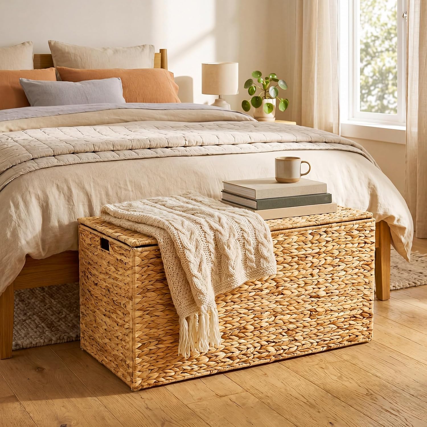 Wonderjune 42 x 20 x 18.5'' Water Hyacinth Wicker Storage Trunk with Metal Frame, Heavy Duty Storage Chest with Lid Large Rattan Basket for Blankets, Seasonal Clothes, Extra Bedding (Natural,Flat Lid)