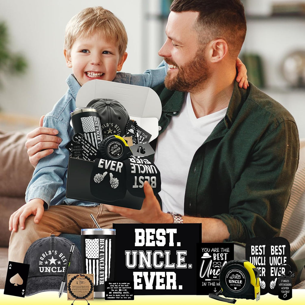 11 Pcs Best Uncle Ever Gift, Father's Day Gifts, Uncle Gifts for Men with 20 Oz Tumbler Socks Baseball Cap Tape Measure Bracelet Wallet Card Keychain, Birthday Christmas Gift from Niece Nephew