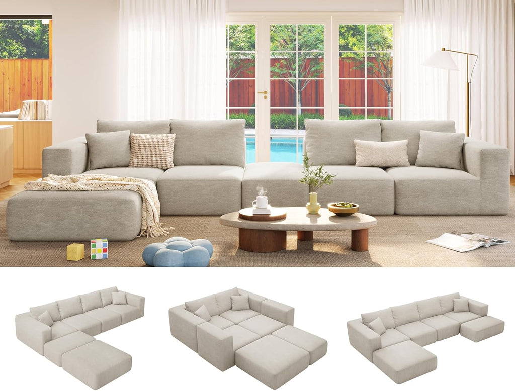 150" Modern Boneless Sectional Couches for Living Room,Oversized Modular Sectional Sofa,Extra Deep 6 Seater,Plush Comfy Cloud Couch with Flexible Layout,No Assembly Required,Beige Chenille