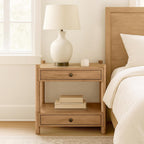 Modern Wood Nightstand with Two Drawers and Open Shelf, Solid Wood Legs, Brushed Bronze Hardware, Bedside End Table for Bedroom or Living Room