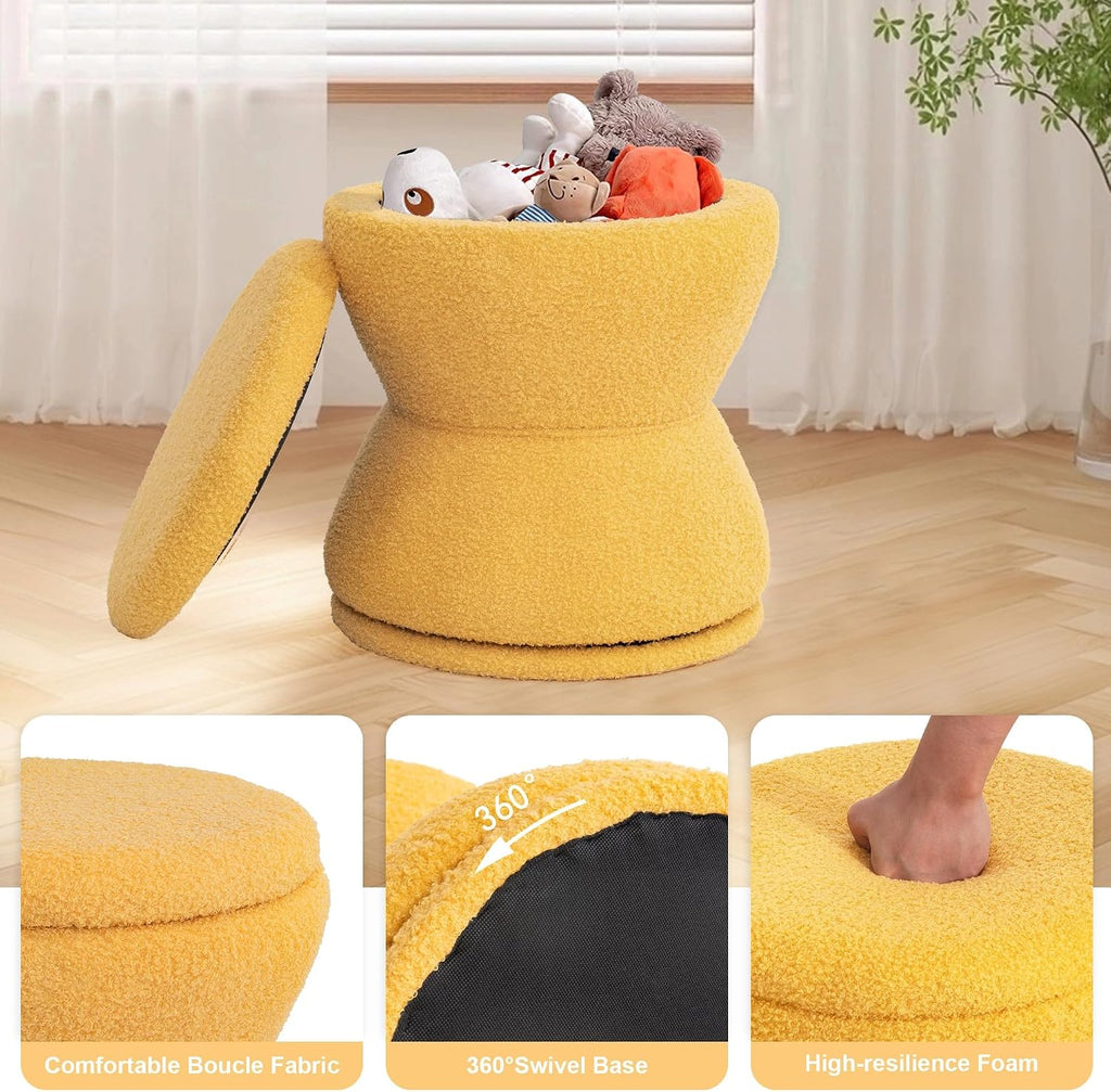 DHMAKER Round Ottoman with Storage, 360°Swivel Vanity Stool Chiar, Small Makeup Chair Comfy Upholstered Foot Stool with Thick Padded for Living Room, Bedroom, Entryway,Yellow