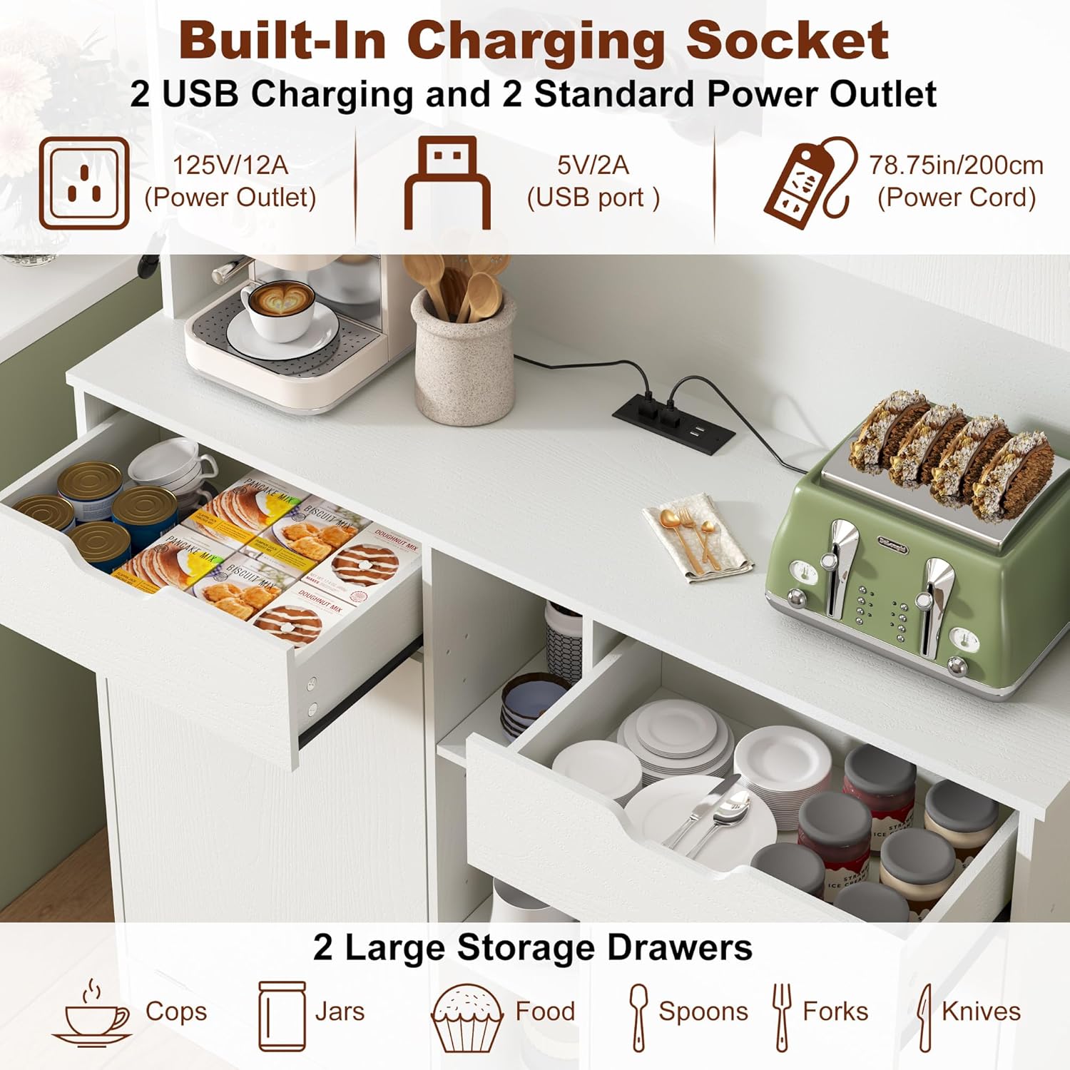 71"H Kitchen Pantry Storage Cabinet with Power Outlets and Two Drawers,10X2 Gallon Kitchen Hidden Double Tilt Out Trash Can Cabinet with Trash Bin Storage Holders,Laundry Hamper Cabinets(White)