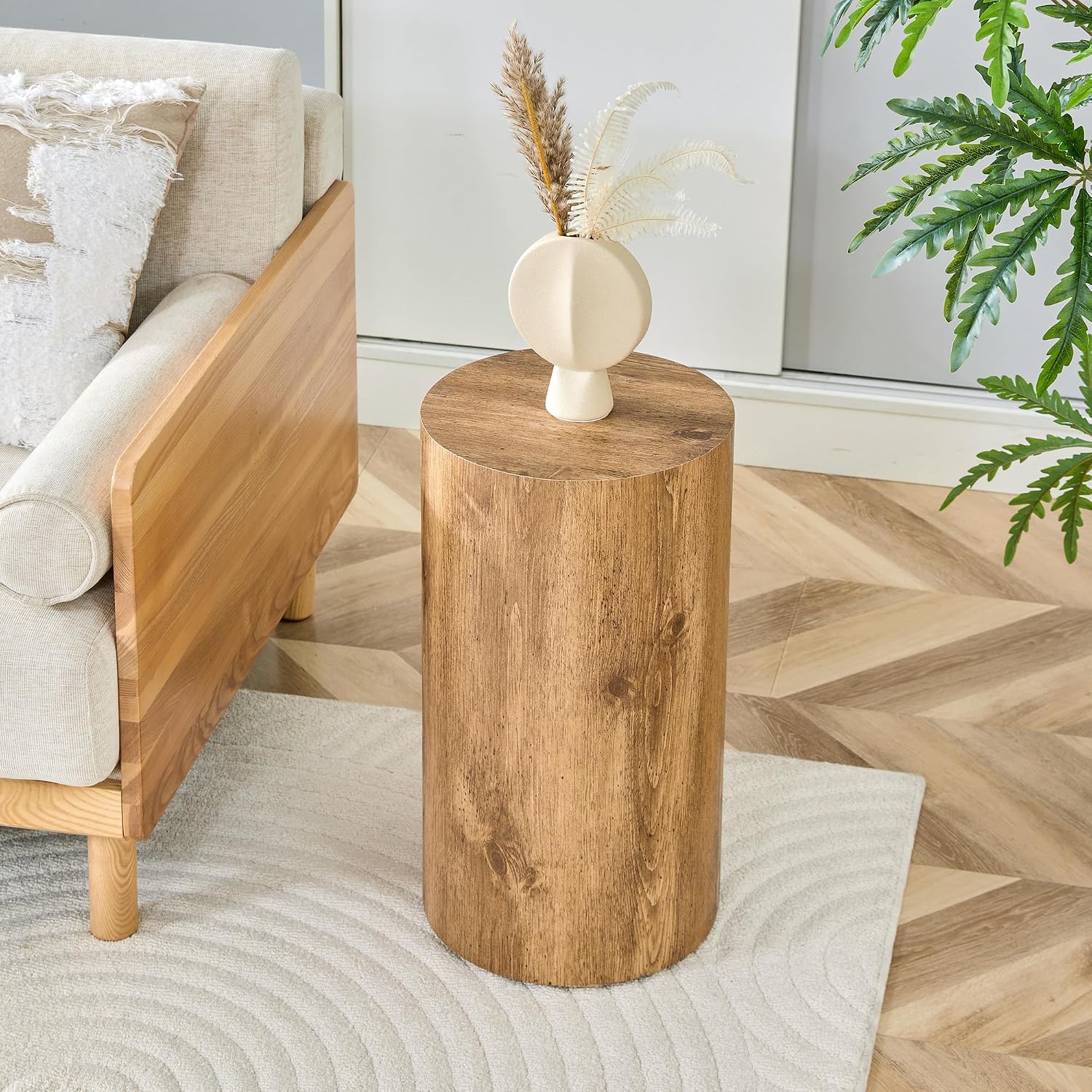 21.6''H Boho Cylinder Side Table for Living Room, Natural Wood Accent Tables with Tribal Pattern Design, Farmhouse Drum End Table for Couch Bedroom, Bedside Nightstand, No Assembly