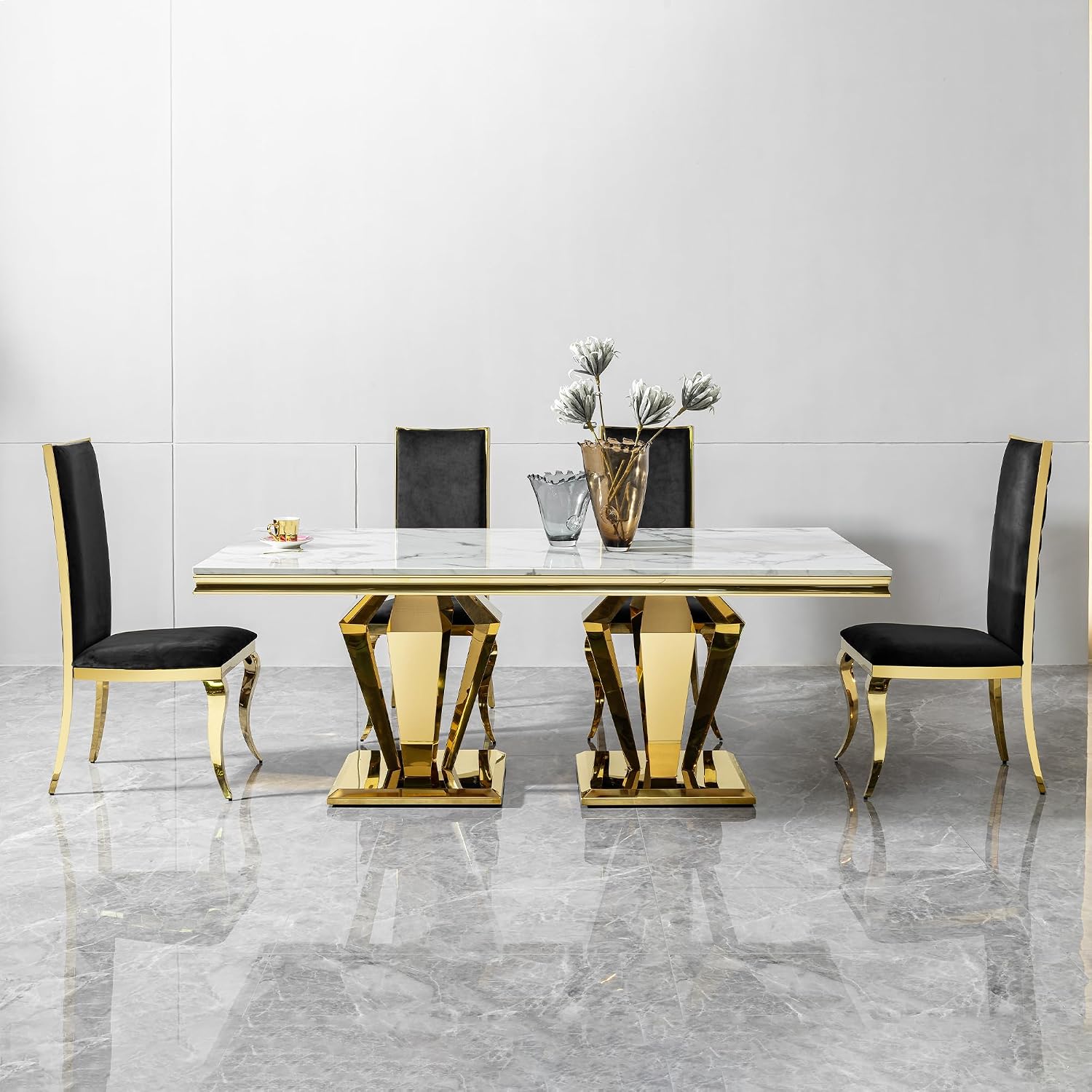 Modern Dining Table 66.9" Dining Room Table with Shiny Gold Stainless Steel Legs & Marble Grain Top for Kitchen,Dining Room,Rectangular