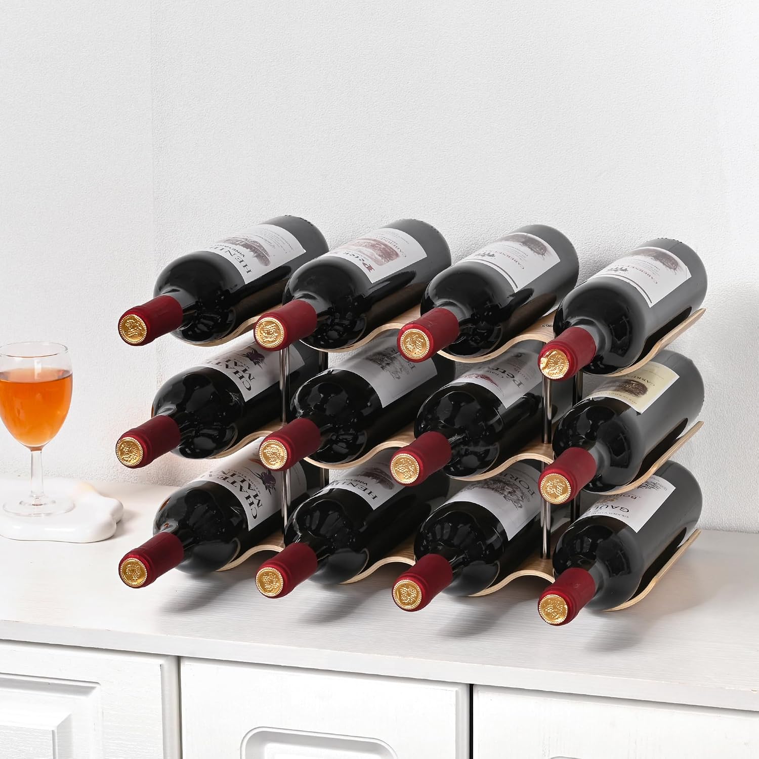 Countertop Wine Rack - 12 Bottle Freestanding Wine Bottle Holder Stand - 3 Tier Wooden Wine Storage Rack - Wavy Wine Organizer for Cabinet Pantry Home Kitchen Bar