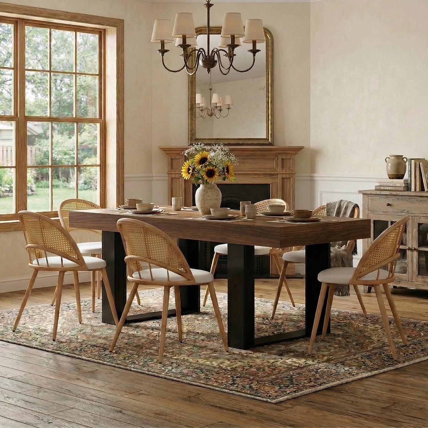 TYBOATLE 63'' - 79'' Extendable Dining Table Set for 6, Farmhouse Wooden Dining Room Table Set, 7 Piece Dinner Table Set with Upholstered Rattan Dining Chairs (Brown & White, 63''-79''- 6 Chairs)