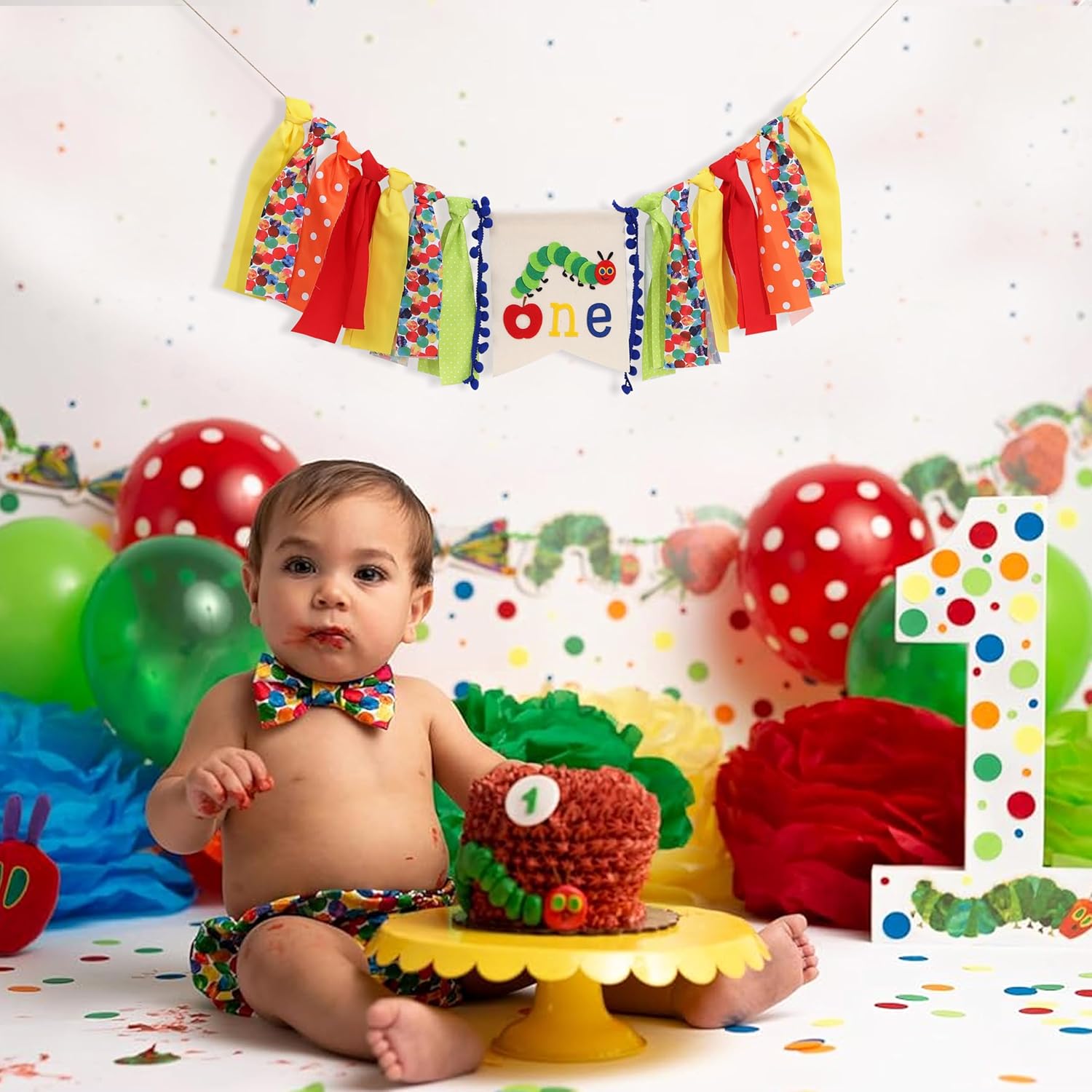 Caterpillar One High Chair Banner - Funny 1st Birthday Decorations,Hungry Caterpillar Colorful Ribbon Banner,First Fruit Birthday Highchair Garland,Colorful Cake Smash Party Photo Props