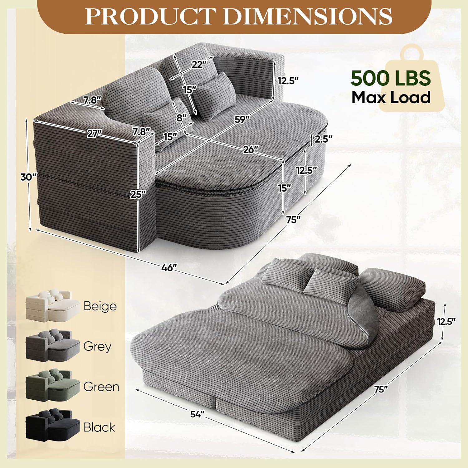 Antetek Convertible Sleeper Sofa, Modern Folding Futon Corduroy Floor Foam Compression Loveseat Sofa Bed Couch, Foldable Full Size Guest Bed with 4 Pillows for Living Room Bedroom Apartment, Grey