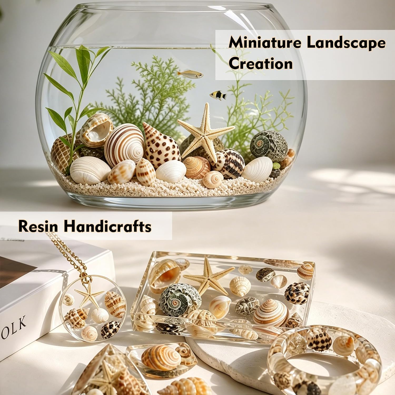 Small Sea Shells 1200Pcs Tiny Seashells Mixed Size Ocean Beach Starfish, Conch Shell for Crafts Vase Filler Fish Tank Beach Theme Party Home Wedding Decor