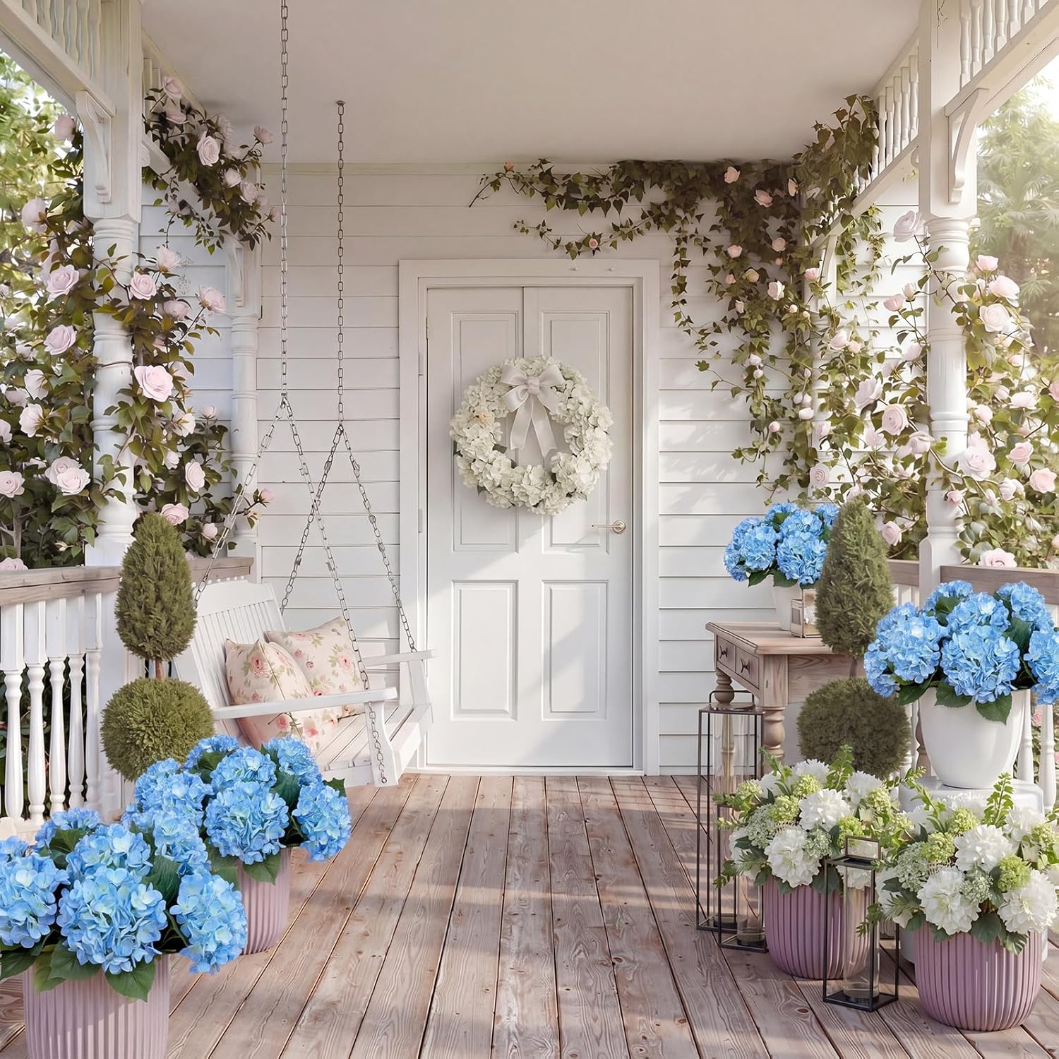 Janinka 3 Pcs Blue Artificial Hydrangea Outdoor Flowers Large Faux Hydrangea Bouquet with 3 Heads Uv-Resistant Waterproof Fake Floral for Table Centerpieces Wedding Yard Garden Decoration